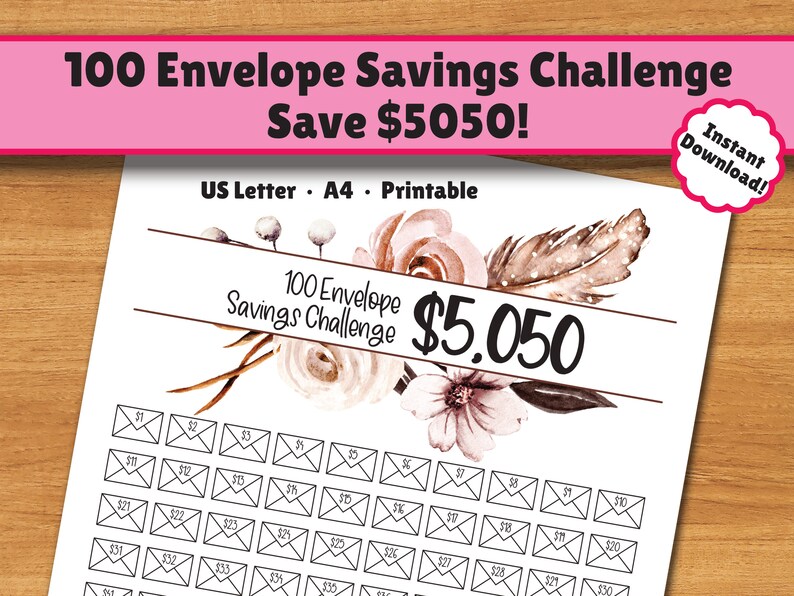 5k 100 Envelope Challenge Printable 5,050 Savings Tracker Reach Your ...