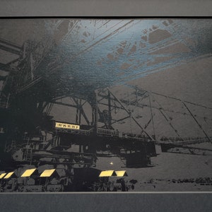 Industrial screen print poster F60, gold leaf, black on black