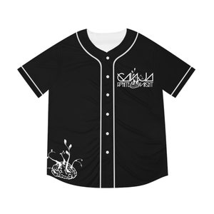 May include: Black baseball jersey with white trim and buttons. The jersey features a white graphic on the front and a brain-like design on the lower left. The text "WHITE NIGHT" is also visible.