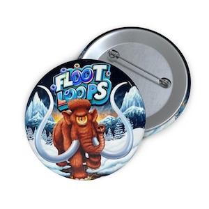 May include: A circular badge featuring a cartoon woolly mammoth with large tusks and the text "Floot Loops" in blue and white. The background shows a snowy landscape with mountains and trees.