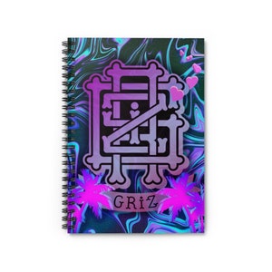 May include: A spiral notebook with a psychedelic background featuring a purple and blue swirl pattern. The notebook has a black and white graphic of a skull with the word "GRIZ" in a banner below it. Two pink palm trees are on either side of the banner.