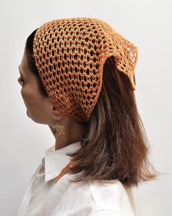 Handmade Linen Knit Headscarf: Orange Sequin Boho Hair Wrap  display picture 2