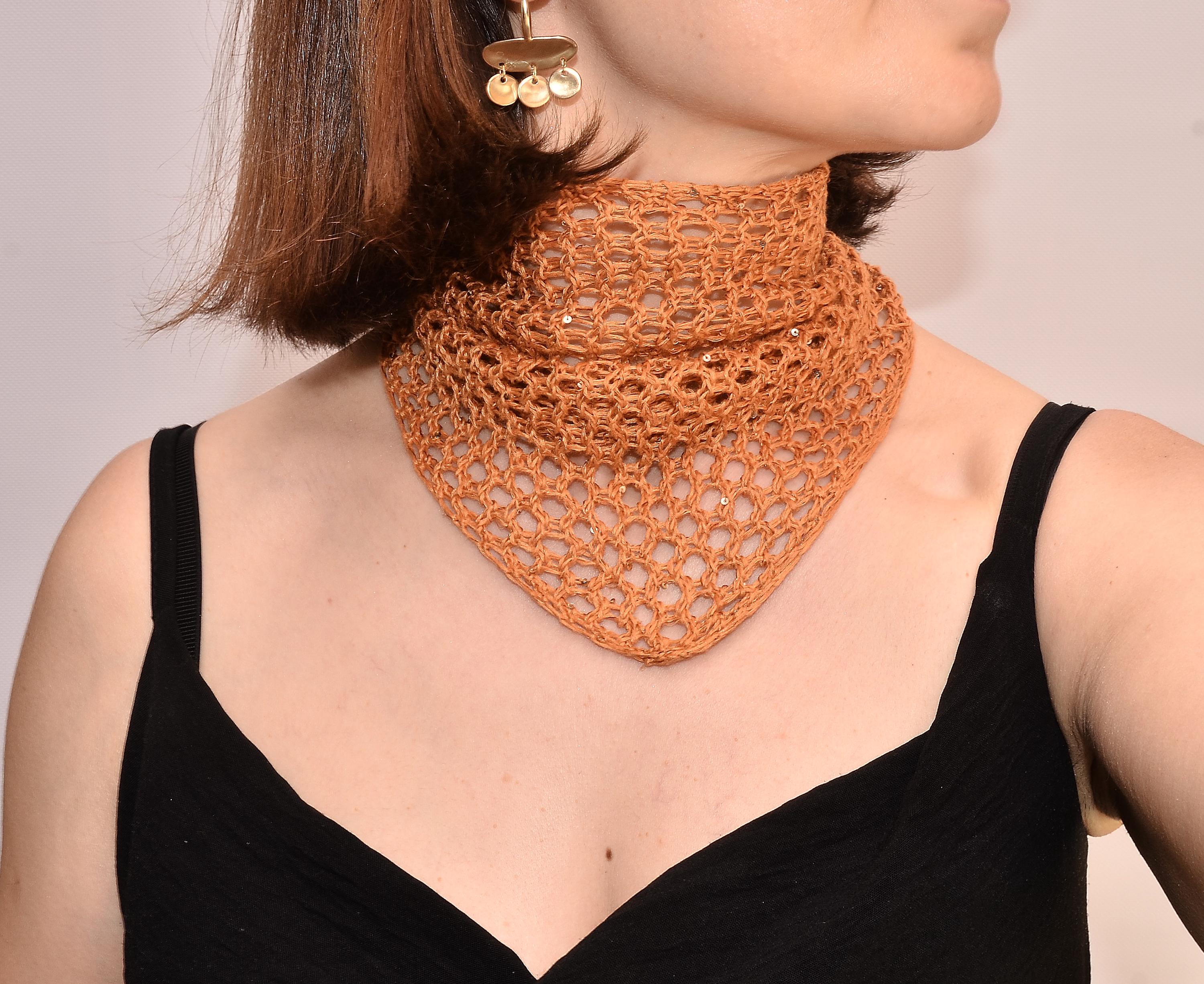 Handmade Linen Knit Headscarf: Orange Sequin Boho Hair Wrap 