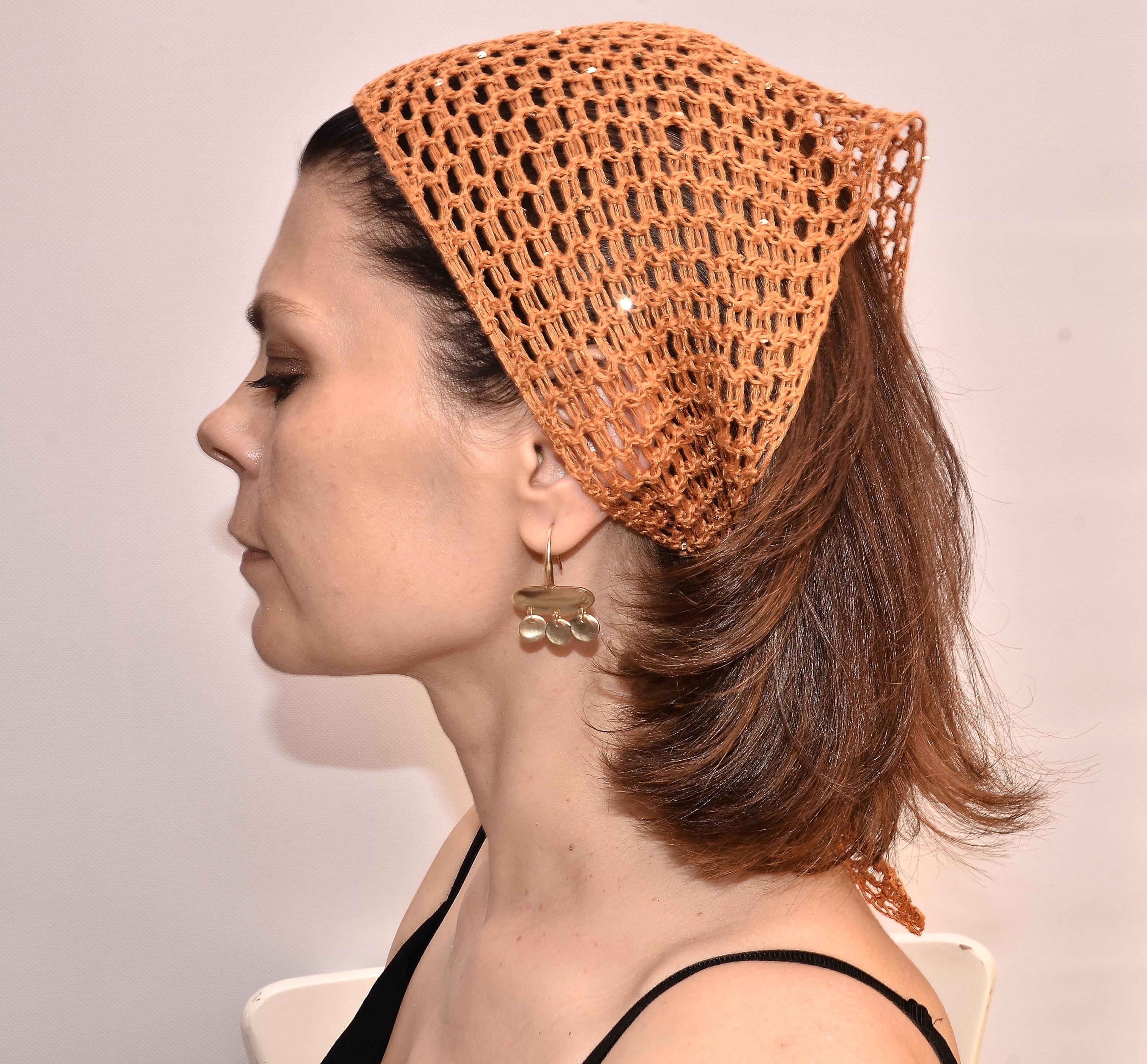 Elegant Burnt Orange Sequin Head-wrap Handmade Linen Knit Headscarf: Orange Sequin Boho Hair Wrap  main image 4