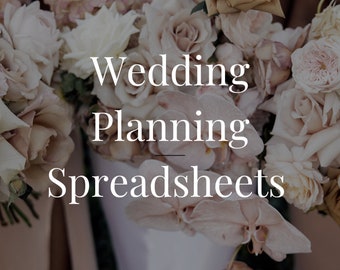 May include: A close-up of a bouquet of flowers with roses, orchids, and other flowers in shades of white, cream, and peach. The text "Wedding Planning Spreadsheets" is overlaid on the image.