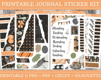 May include: Printable Halloween sticker kit with black and orange color scheme. The kit includes a variety of stickers, including days of the week, torn paper, and a witch's cauldron.