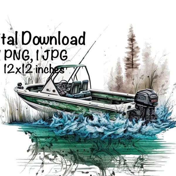 Fishing Boat Watercolor Bass Fishing Boat Boys Clipart Small Boat PNG Commercial Use Fisherman Fishing Bass PNG Boat Watercolor Illustration