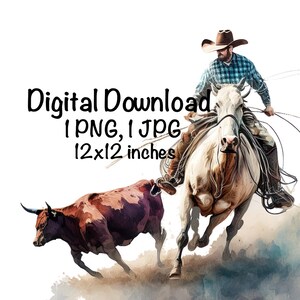 Cowboy Roping Horse Cow Western Country Clipart PNG Commercial Use Sublimation Designs Country Cowboy PNG Watercolor Wild West Illustration