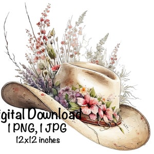 Cowgirl Hat & Flowers Watercolor Country Cowgirl Clipart PNG Commercial