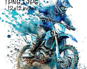 Motocross Watercolor, Blue Motocross Bike Boys Clipart Off-Road Motorcycle PNG Commercial Use Racing Motocross PNG Watercolor Illustration