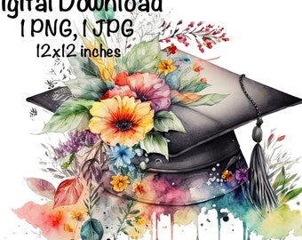 Graduation Cap Watercolor College High School Graduation Clipart Flowers Graduate Gift Art Graduation Commercial Use Colorful Illustration