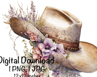 Cowgirl Hat Watercolor Country Cowboy Clipart PNG Commercial Use Sublimation Wild West Girl Hat Spring Flower Watercolor Illustration PNG
