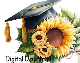 Graduation Cap Watercolor College High School Graduation Clipart Sunflowers Graduate Gift Art Graduation PNG Commercial Use  Illustration