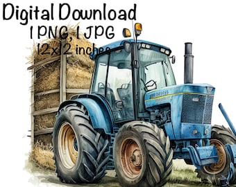 Farm Tractor Watercolor, Blue Tractor Boys Clipart Wall Décor Farm Tractor Hay PNG Commercial Use Farming Vehicles Watercolor Illustration