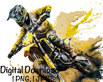 Motocross Watercolor, Yellow Motocross Bike Boys Clipart Off-Road Motorcycle PNG Commercial Use Racing Motocross PNG Watercolor Illustration