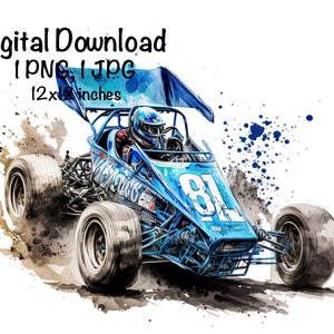 Könnte beinhalten: Ein blaues und weißes Rennwagen mit der Nummer 81 an der Seite. Das Auto ist in Bewegung und es gibt einen Aquarelleffekt darum herum.