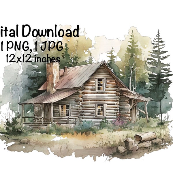 Rustic Old Log Cabin Watercolor Forest Boys Girls Clipart Wall Art Rustic Cabin Portrait PNG Commercial Use Camping Hunting PNG Illustration