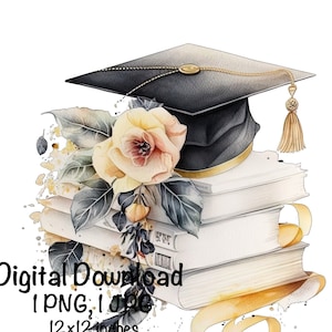 Gold Graduation Cap Watercolor College High School Graduation Clipart Flowers Graduate Gift Graduation Books Commercial Use Illustration PNG