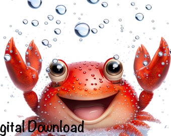 Cute Crab PNG clipart Ocean Animals Sea Crab PNG Adorable Happy Crab Water Bubbles Sublimation Crab Under The Sea Wall Art Printable Print