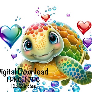 Sea Turtle, Cute Sea Turtle clipart, Ocean Animals Sea Turtle PNG, Sea Turtle Water Bubbles Hearts Sublimation Turtle Printable Sea Turtle