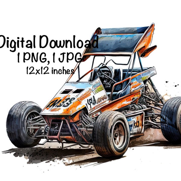 Sprint Car Watercolor, Dirt Track Racing Boys Clipart Open Wheel Sprint Car PNG Commercial Use Racing Motorsport PNG Watercolor Illustration