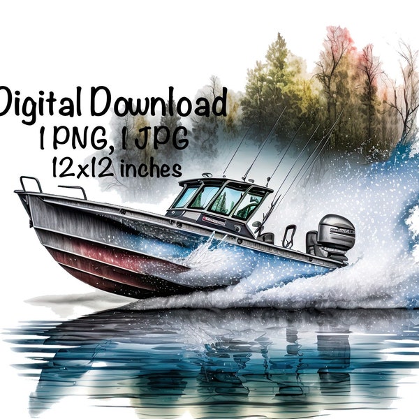 Fishing Boat Watercolor Bass Fishing Boat Boys Clipart Small Boat PNG Commercial Use Fisherman Fishing Bass PNG Boat Watercolor Illustration