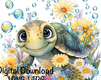 Zeeschildpad, schattige zeeschildpad clipart Oceaan dieren zeeschildpad PNG zeeschildpad water bubbels bloemen sublimatie afdrukbare onder de zeeschildpad