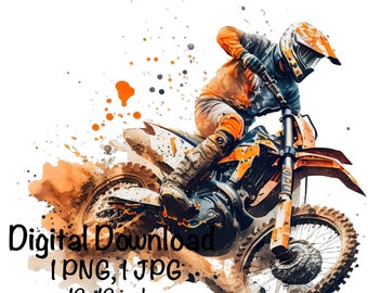 Motocross Watercolor, Orange Motocross Bike Boys Clipart Off-Road Motorcycle PNG Commercial Use Racing Motocross PNG Watercolor Illustration