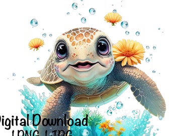 Zeeschildpad, schattige zeeschildpad clipart, oceaandieren zeeschildpad png, zeeschildpad water bubbels bloemen sublimatie schildpad afdrukbare zeeschildpad
