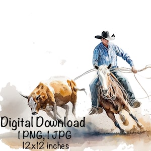 Vaquero enlazando a caballo, vaca, país del oeste, clipart PNG, uso comercial, diseños de sublimación, vaquero de campo PNG, ilustración del salvaje oeste en acuarela