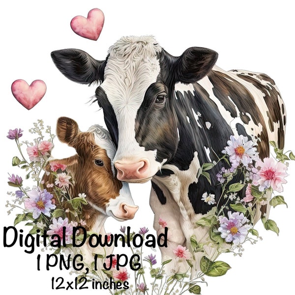 Dairy Cow & Calf Watercolor Clipart Farm Milk Cattle Flowers Mother Baby PNG Commercial Use Holstein Cow Graphics Design Illustration Print