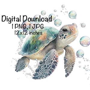 Sea Turtle, Sea Turtle Watercolor Clipart, Ocean Animals Sea Turtle PNG, Sea Turtle Swimming Water Sublimation Turtle Printable Sea Turtle