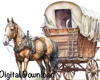 Cowboy Horse & Old Wagon Western Country Clipart PNG Commercial Use Sublimation Designs Country Cowboy Boy Watercolor Illustration PNG, JPG