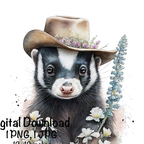 Cute Skunk Watercolor Clipart Skunk Flowers Hat PNG Commercial Use Forest Animals Design Illustration Print Cute Baby Skunk Sublimation