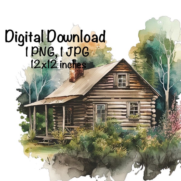 Rustic Old Log Cabin Watercolor Forest Boys Girls Clipart Wall Art Rustic Cabin Portrait PNG Commercial Use Camping Hunting PNG Illustration