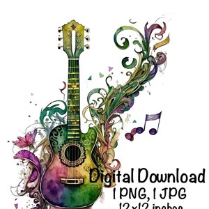 Mardi Gras Guitar Watercolor Clipart New Orleans PNG Commercial Use Fat Tuesday Design Illustration Print Cute Flower De Luce Music Notes