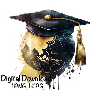 May include: A watercolor illustration of a black graduation cap on top of a gold globe. The globe has a black and white map of the world. The tassel of the cap is gold. The image has a watercolor background with gold and black splatters.