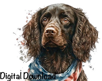 American Boykin Spaniel Dog Watercolor Clipart Boykin Bandana US Flag PNG Commercial Use Boykin Dog Flag Graphic Design Illustration Print