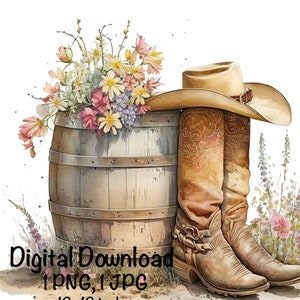 Cowgirl Boots Hat & Barrel Watercolor Country Cowboy Clipart PNG Commercial Use Sublimation Country Girl Flowers Watercolor Illustration PNG