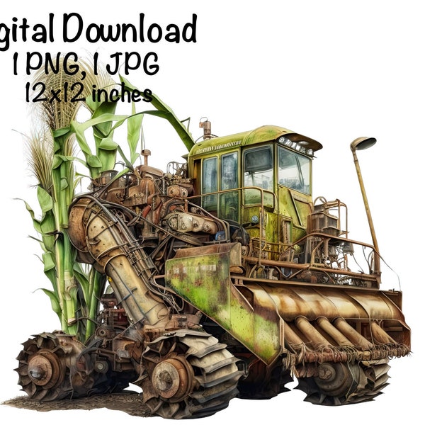 Sugar Cane Harvester Tractor Watercolor Farm Tractor Boys Clipart Sugarcane Harvester PNG Tractor PNG Commercial Use Farming Illustration