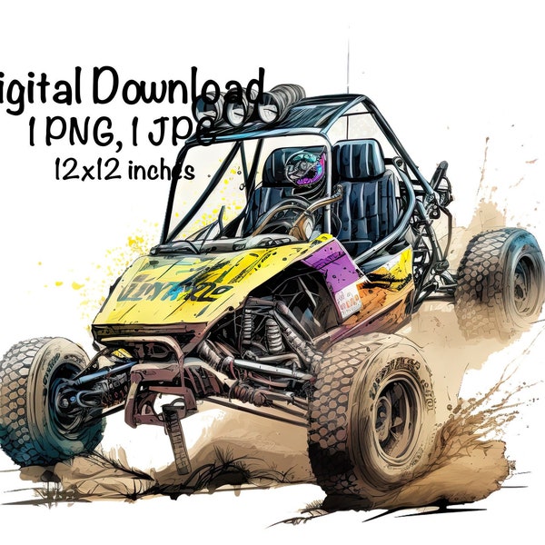 Offroad Buggy Watercolor Monster Truck Boys Clipart Off-Road Racing Buggy PNG Commercial Use Buggy Racing Motorsport Watercolor Illustration