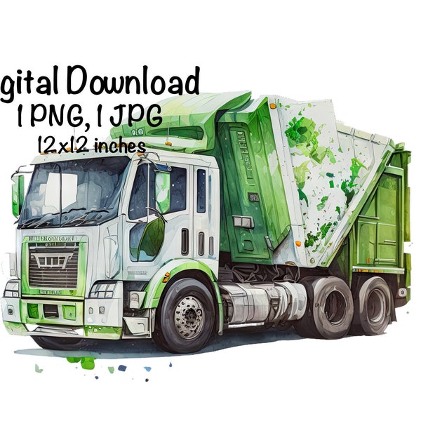 Recycling Truck Watercolor, Green Garbage Trucks Boys Clipart Nursery Garbage Truck PNG Commercial Use Vehicles Trash Truck PNG Illustration