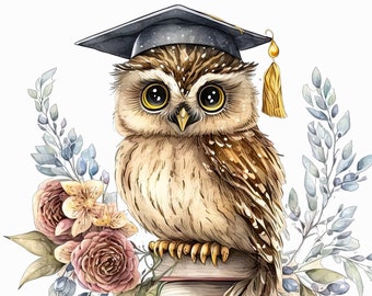Graduation Owl Clipart Grad Student Owl PNG College Graduation Sublimination, Graduation Cap & Gold Tassel Owl Flowers Graduate Printable