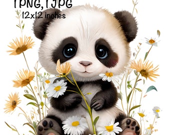 Panda Bear, Cute Panda Bear clipart, Forest Animals Giant Panda PNG, Panda Bear Daisy Spring Flowers Sublimation Panda Bear PNG Printable