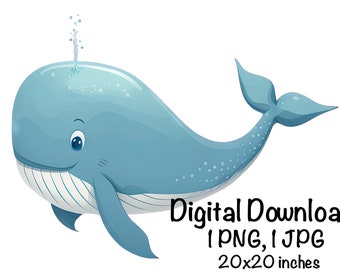 Whale, Cute Whale Clipart, Ocean Animals Whale PNG, Whale For Kids Toddlers Sublimation, Whale Wall Art Printable Whale, Baby Whale Download