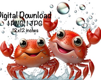 Cute Crabs PNG clipart Ocean Animals Sea Crabs PNG Adorable Happy Crab Water Bubbles Sublimation Crab Under The Sea Wall Art Printable Print