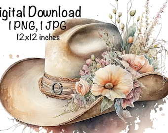 Cowgirl Hat & Flowers Watercolor Country Cowgirl Clipart PNG Commercial Use Sublimation Designs Country Girl Flowers Watercolor Illustration