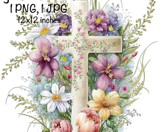 Ostern Kreuz Aquarell Blumen Kreuz Clipart Ostern Sublimation Design PNG Kommerzielle Nutzung Bibel Vers Blumen Jesus Ostern PNG Illustration