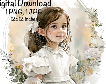 First Communion Girl Watercolor Floral Girl Clipart Easter Sublimation PNG Commercial Use Bible 1st Communion Baptism Religion Illustration