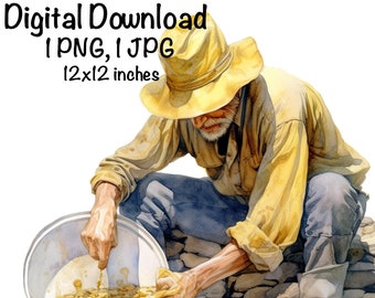 Lavado de oro PNG Minería de oro Clipart Lavado de oro al aire libre Acuarela Tamizado de minerales Prospección Sublimación Uso comercial Arte de la fiebre del oro